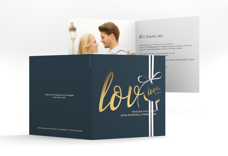 Hochzeitseinladung Glam quadr. Klappkarte blau hochglanz