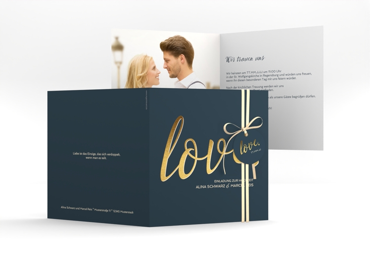 Hochzeitseinladung Glam quadr. Klappkarte blau hochglanz
