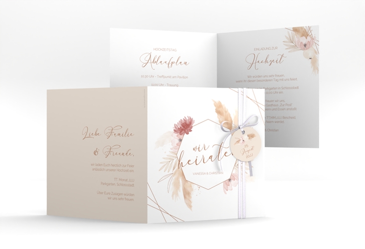 Hochzeitseinladung Bohostyle quadr. Klappkarte beige hochglanz mit Pampasgras in Aquarell