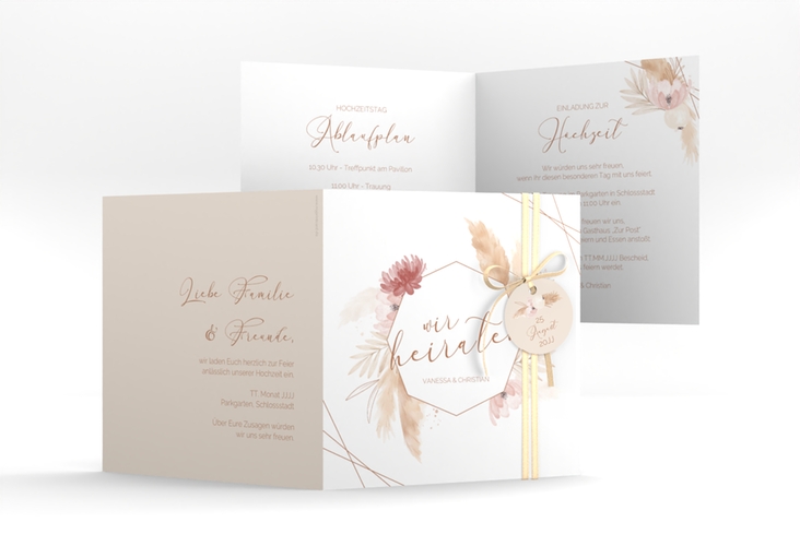 Hochzeitseinladung Bohostyle quadr. Klappkarte beige hochglanz mit Pampasgras in Aquarell