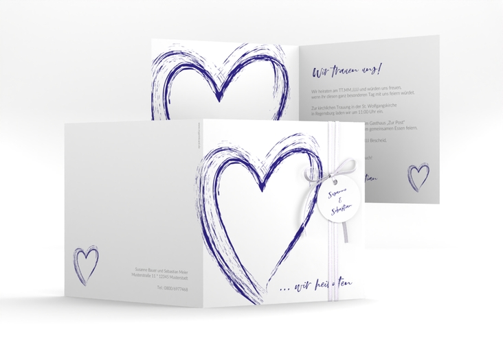 Hochzeitseinladung Liebe quadr. Klappkarte blau hochglanz