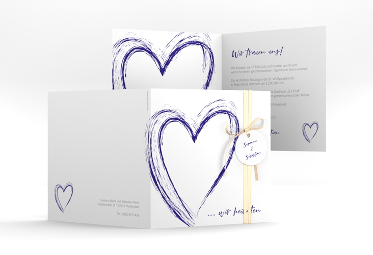 Hochzeitseinladung Liebe quadr. Klappkarte blau hochglanz