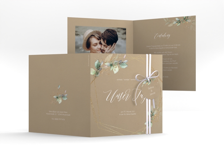Hochzeitseinladung Greenish quadr. Klappkarte Kraftpapier hochglanz