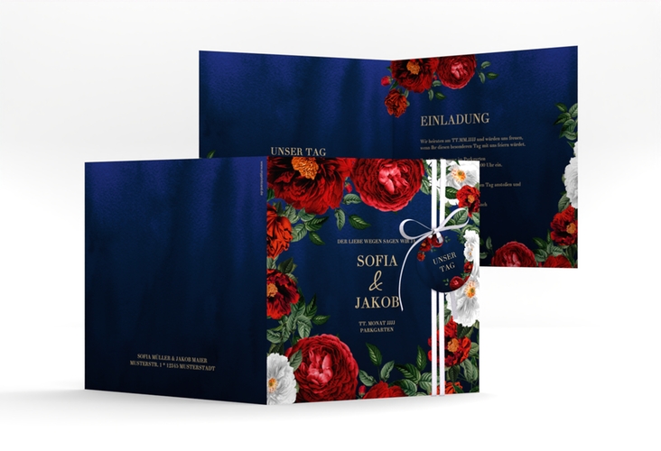 Einladungskarte Hochzeit Florista quadr. Klappkarte blau