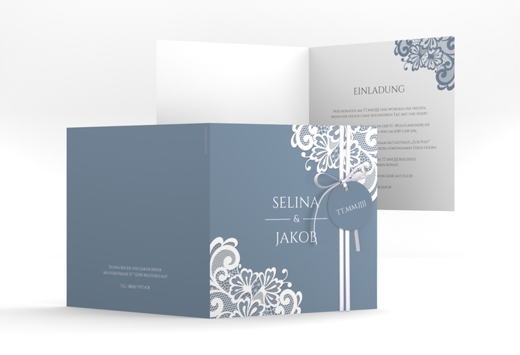 Hochzeitseinladung Vintage quadr. Klappkarte blau hochglanz mit floraler Spitze