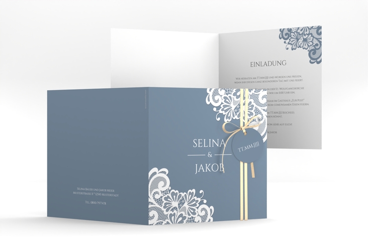Hochzeitseinladung Vintage quadr. Klappkarte blau hochglanz mit floraler Spitze