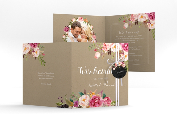 Hochzeitseinladung Flowers quadr. Klappkarte Kraftpapier hochglanz mit bunten Aquarell-Blumen