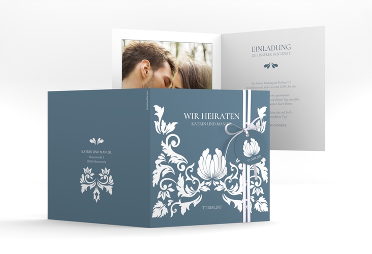 Hochzeitseinladung Royal quadr. Klappkarte mit barockem Blumen-Ornament