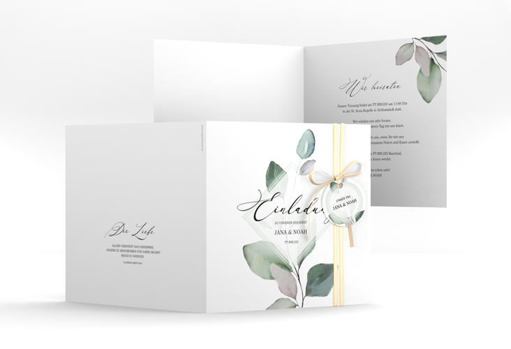 Hochzeitseinladung Foglia quadr. Klappkarte hochglanz edel mit Eukalyptus im Aquarell-Design