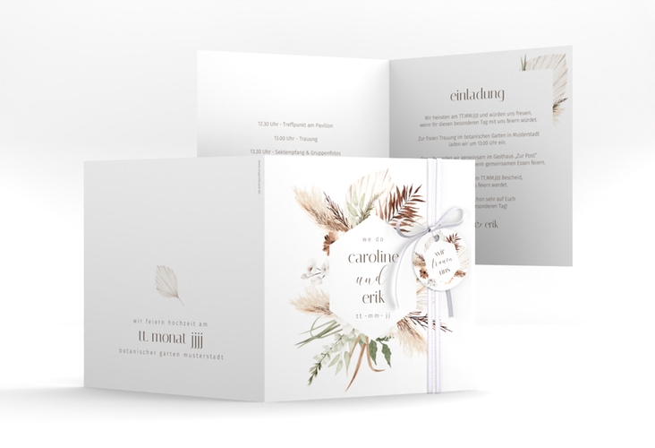 Hochzeitseinladung Bohemian quadr. Klappkarte weiss im Boho-Style mit Pampasgras