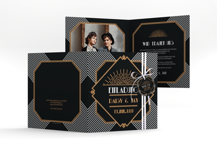 Hochzeitseinladung Gatsby quadr. Klappkarte schwarz hochglanz im 20er-Jahre-Stil