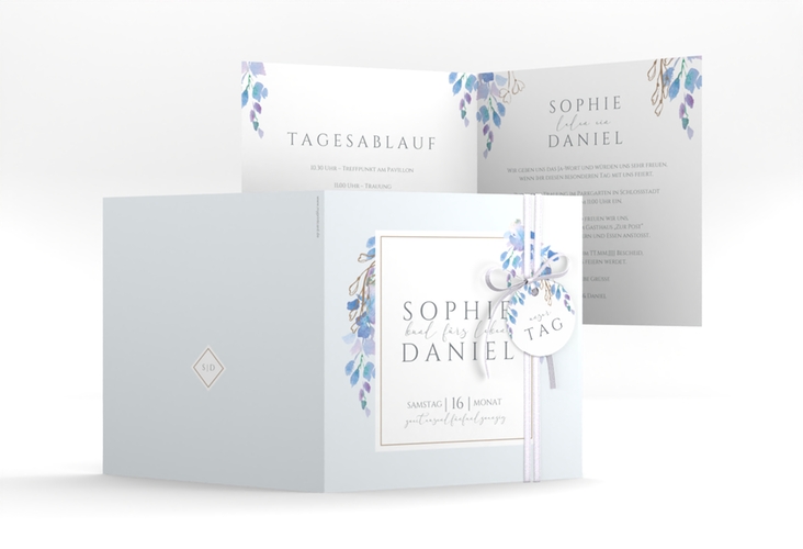 Hochzeitseinladung Blauregen quadr. Klappkarte mit Wisteria-Blüten