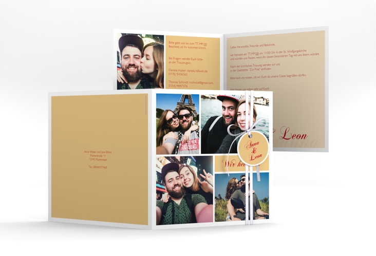 Hochzeitseinladung Collage quadr. Klappkarte apricot