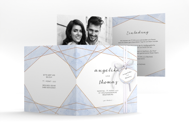 Hochzeitseinladung Asymmetry quadr. Klappkarte blau hochglanz