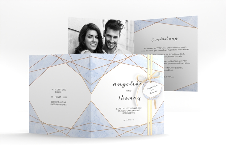 Hochzeitseinladung Asymmetry quadr. Klappkarte blau hochglanz