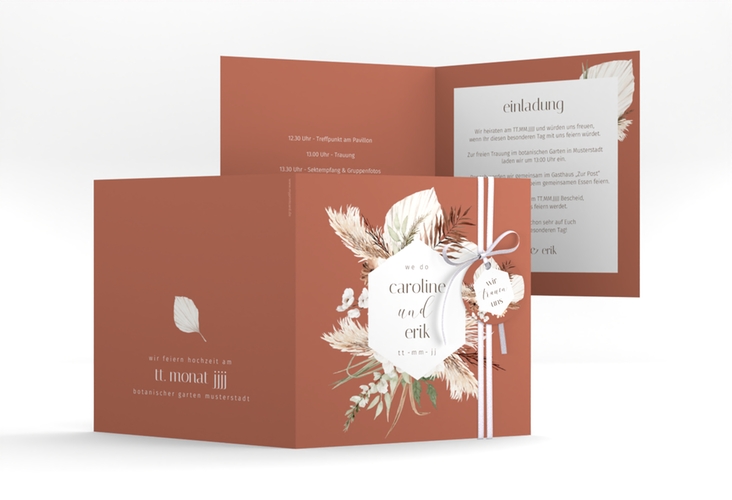 Hochzeitseinladung Bohemian quadr. Klappkarte orange im Boho-Style mit Pampasgras