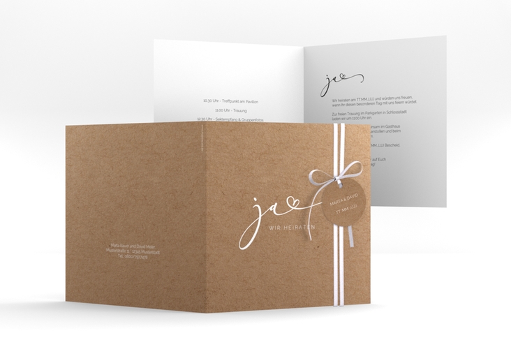 Hochzeitseinladung Jawort quadr. Klappkarte Kraftpapier hochglanz modern minimalistisch mit veredelter Aufschrift