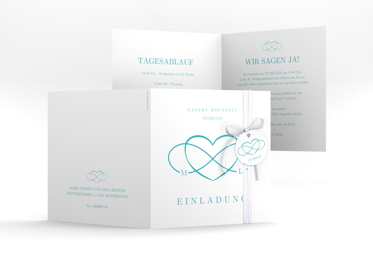 Hochzeitseinladung Infinity quadr. Klappkarte tuerkis hochglanz