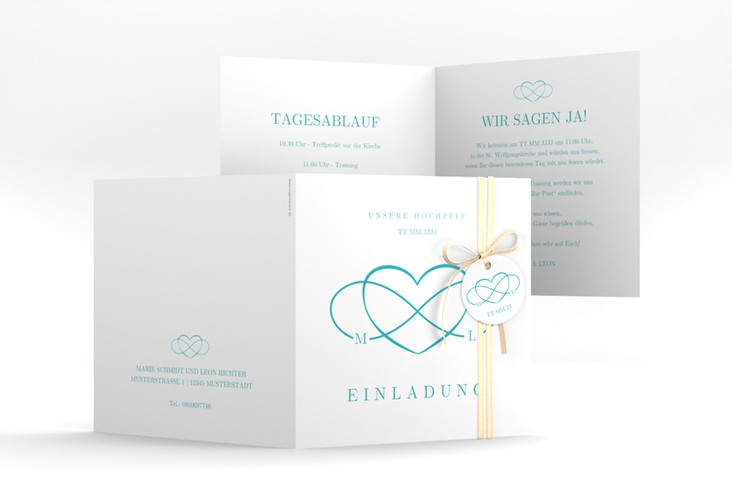 Hochzeitseinladung Infinity quadr. Klappkarte tuerkis hochglanz