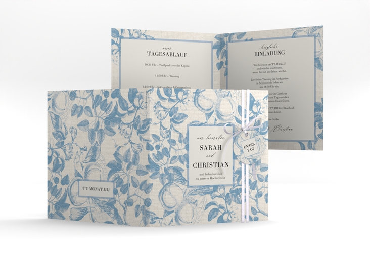Hochzeitseinladung Toile quadr. Klappkarte blau mit Blättermuster im Toile-de-Jouy-Stil