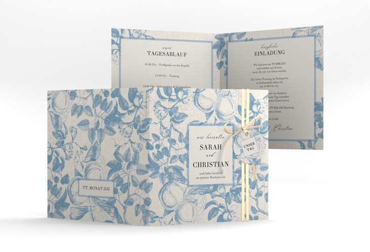 Hochzeitseinladung Toile quadr. Klappkarte blau mit Blättermuster im Toile-de-Jouy-Stil