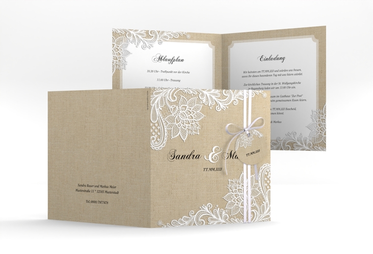 Hochzeitseinladung Lace quadr. Klappkarte beige in Leinen-Optik mit weißer Spitze