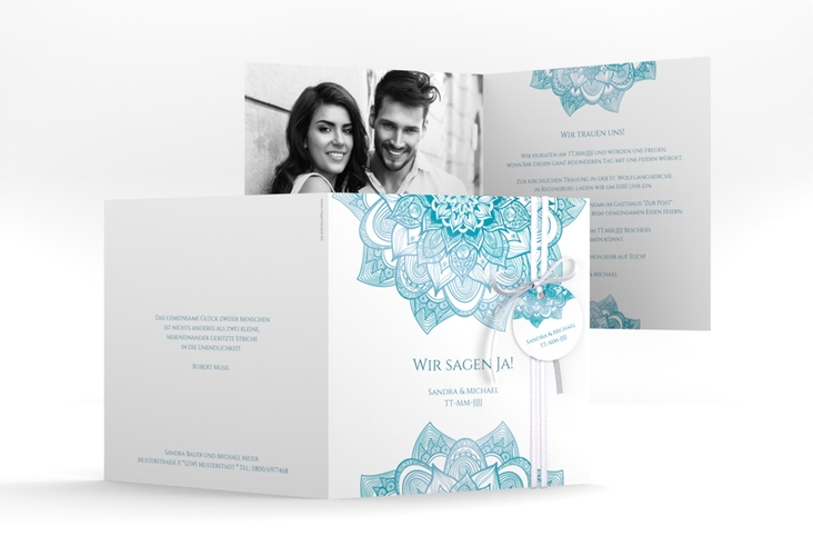 Hochzeitseinladung Delight quadr. Klappkarte tuerkis hochglanz