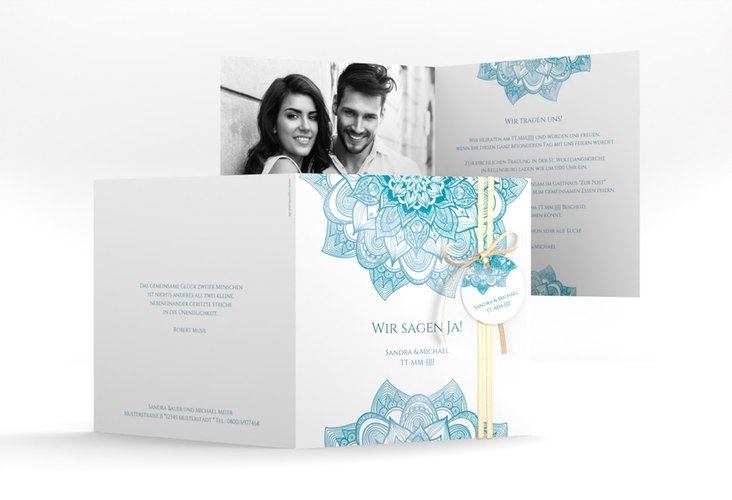 Hochzeitseinladung Delight quadr. Klappkarte tuerkis hochglanz
