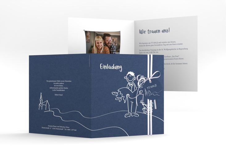 Hochzeitseinladung Pisa quadr. Klappkarte blau