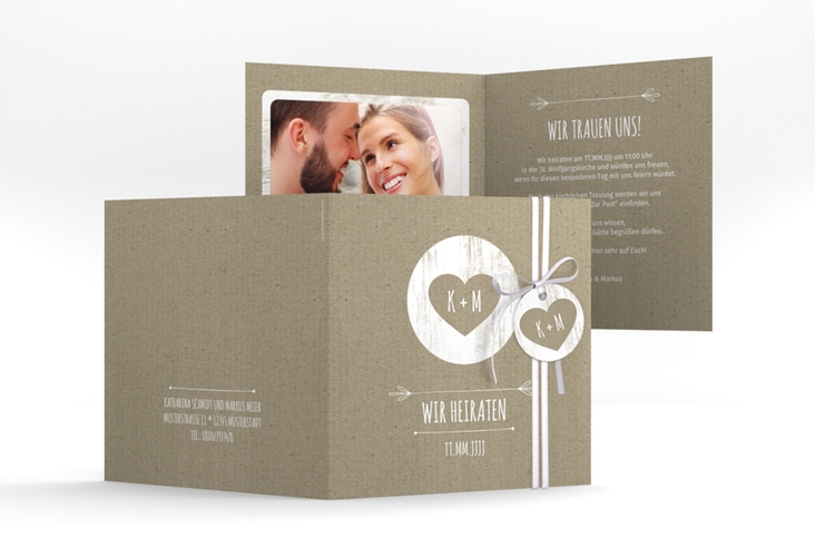 Hochzeitseinladung Shabby quadr. Klappkarte Kraftpapier