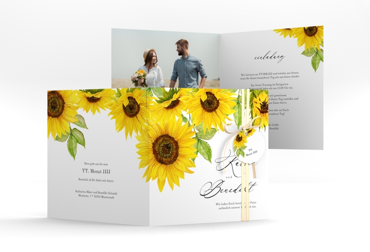 Hochzeitseinladung "Sonnenblume" quadratische Klappkarte weiss