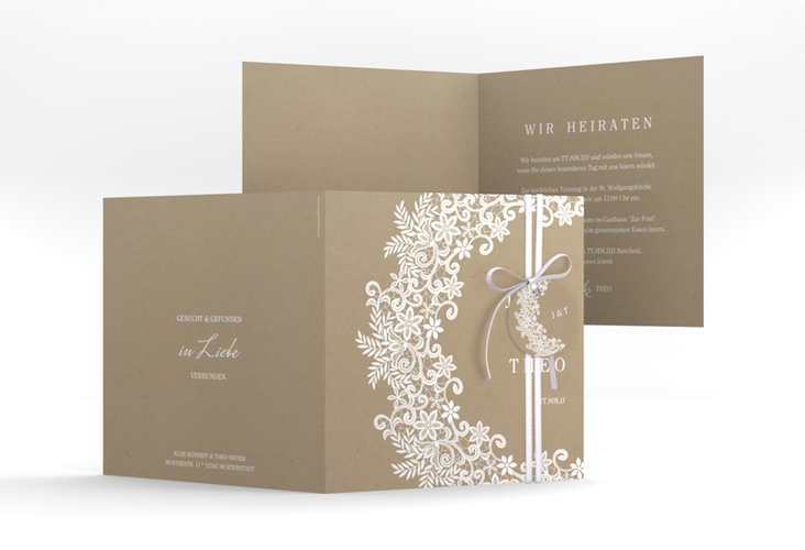 Hochzeitseinladung Mariage quadr. Klappkarte Kraftpapier mit Bogen aus weißer Spitze