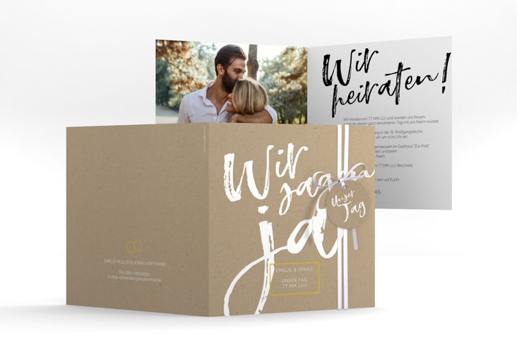 Hochzeitseinladung Words quadr. Klappkarte Kraftpapier hochglanz modern mit Brush-Schrift