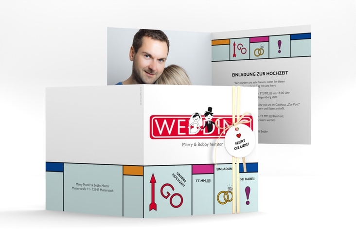 Hochzeitseinladung Brettspiel quadr. Klappkarte bunt hochglanz