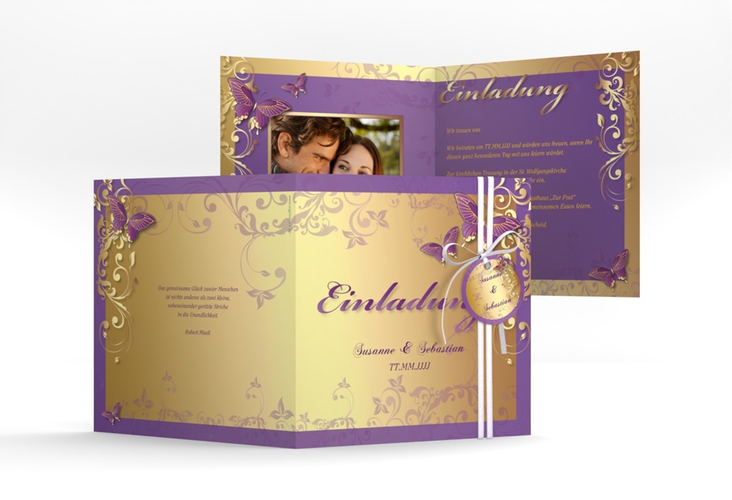 Hochzeitseinladung Toulouse quadr. Klappkarte lila hochglanz romantisch mit Schmetterlingen