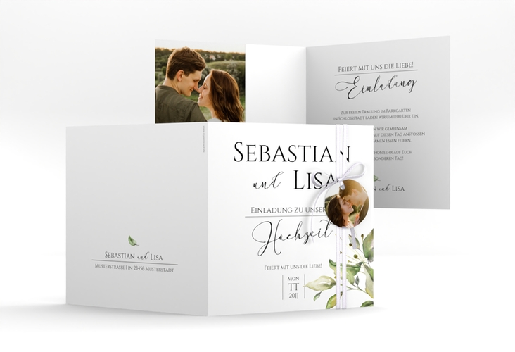 Hochzeitseinladung Leaves quadr. Klappkarte weiss hochglanz