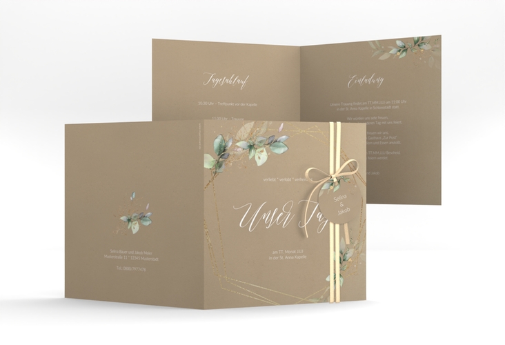 Hochzeitseinladung Greenish quadr. Klappkarte Kraftpapier hochglanz