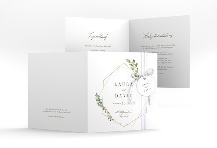 Hochzeitseinladung Herbarium quadr. Klappkarte mit geometrischem Rahmen und Blätter-Dekor