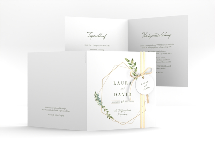 Hochzeitseinladung Herbarium quadr. Klappkarte gold hochglanz mit geometrischem Rahmen und Blätter-Dekor