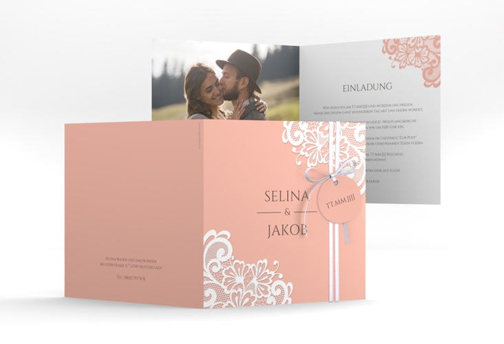 Hochzeitseinladung Vintage quadr. Klappkarte apricot mit floraler Spitze