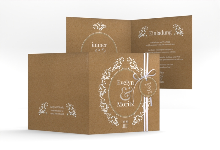 Hochzeitseinladung Gypsophila quadr. Klappkarte Kraftpapier hochglanz im Vintage-Stil mit Blumenkranz aus Schleierkraut