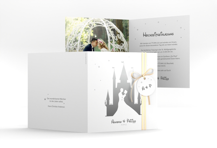 Hochzeitseinladung Castle quadr. Klappkarte grau