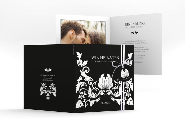 Hochzeitseinladung Royal quadr. Klappkarte schwarz hochglanz mit barockem Blumen-Ornament