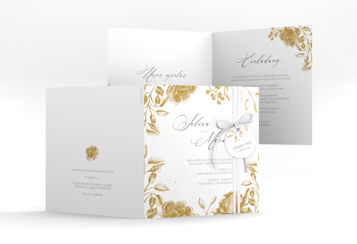 Hochzeitseinladung Blattgold quadr. Klappkarte gold