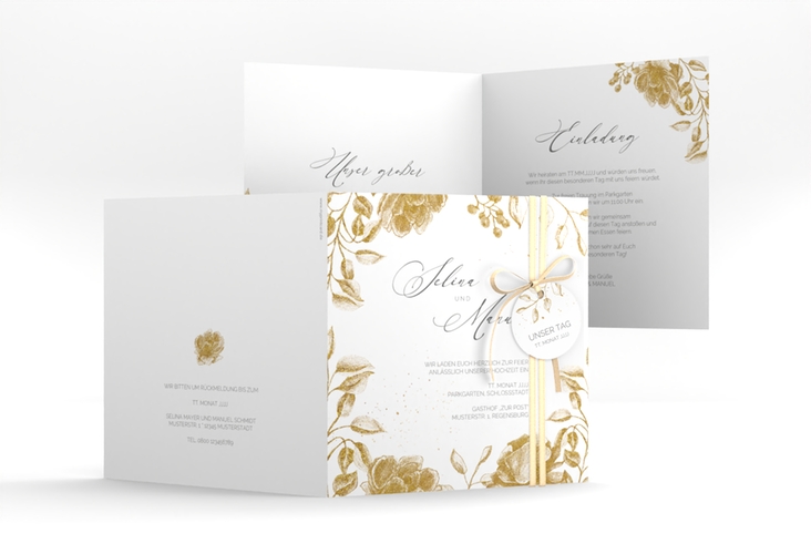 Hochzeitseinladung Blattgold quadr. Klappkarte gold