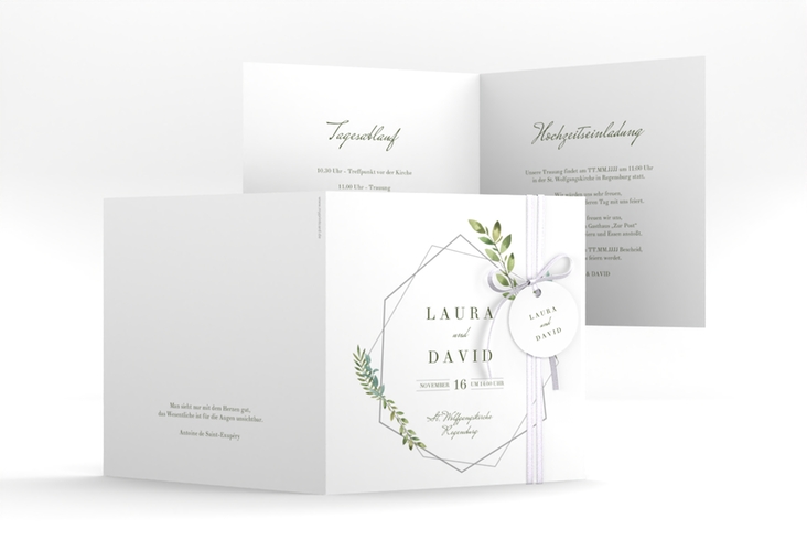 Hochzeitseinladung Herbarium quadr. Klappkarte grau hochglanz mit geometrischem Rahmen und Blätter-Dekor