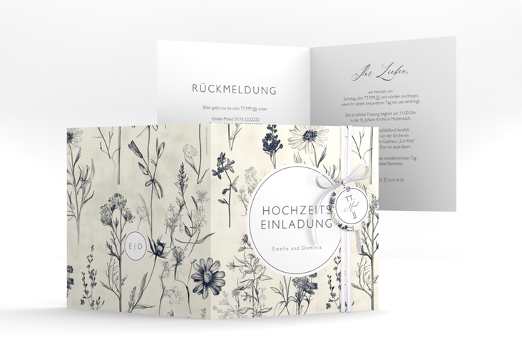 Hochzeitseinladung Chinoiserie Floral quadr. Klappkarte beige hochglanz