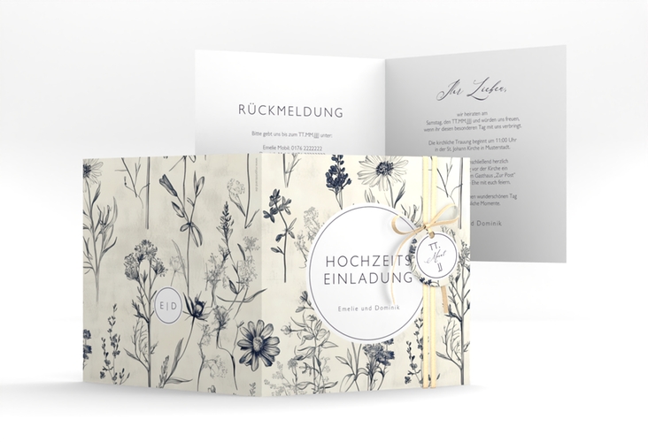 Hochzeitseinladung Chinoiserie Floral quadr. Klappkarte beige hochglanz