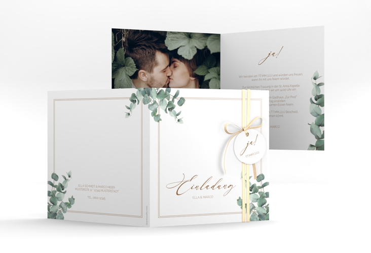 Hochzeitseinladung Eucalypt quadr. Klappkarte hochglanz mit Eukalyptus und edlem Rahmen