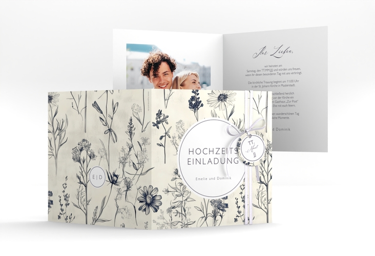 Hochzeitseinladung Chinoiserie Floral quadr. Klappkarte beige hochglanz